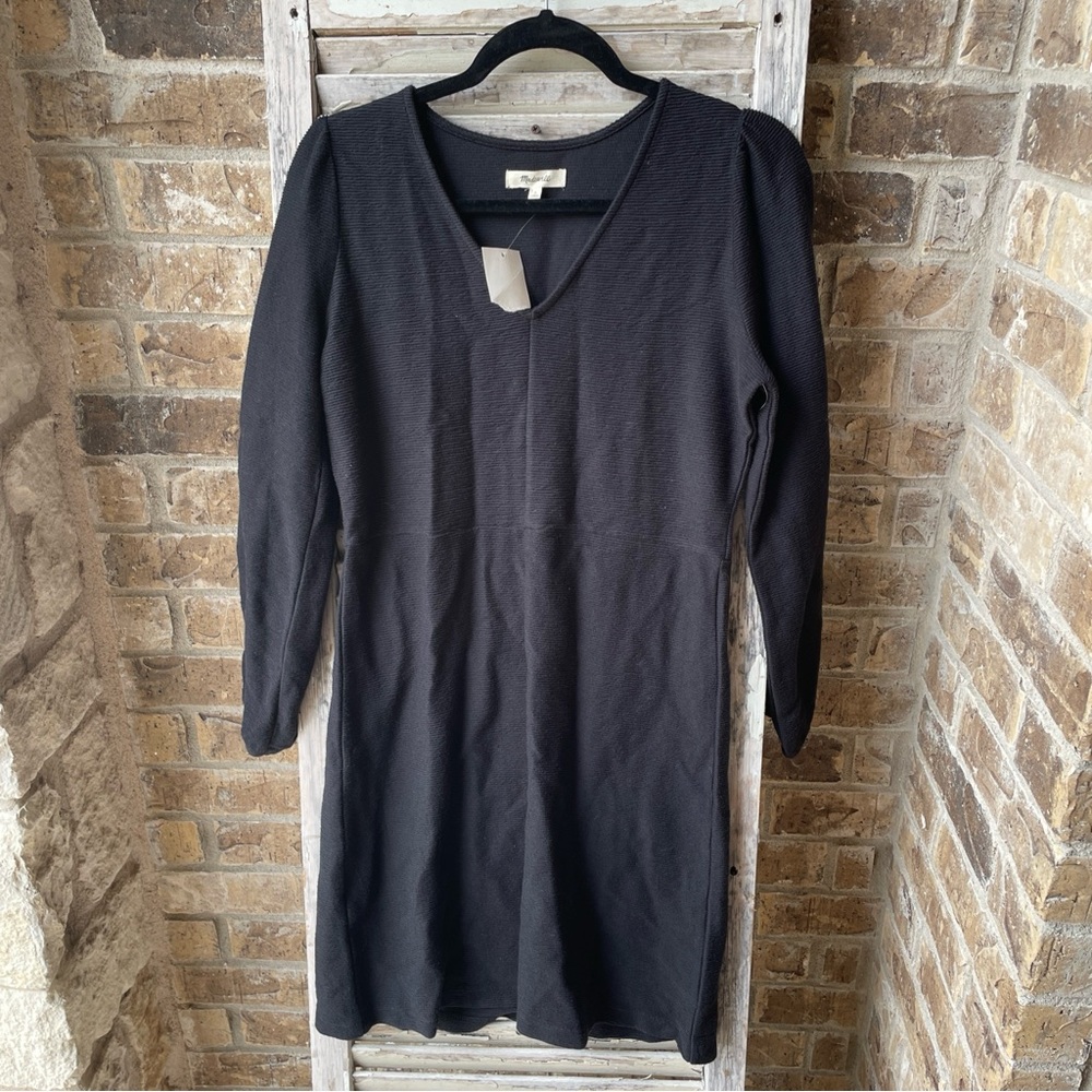 NWT MADEWELL WOMEN'S BLACK RIBBED Textured V Neck  DRESS Sz Small Long Sleeve